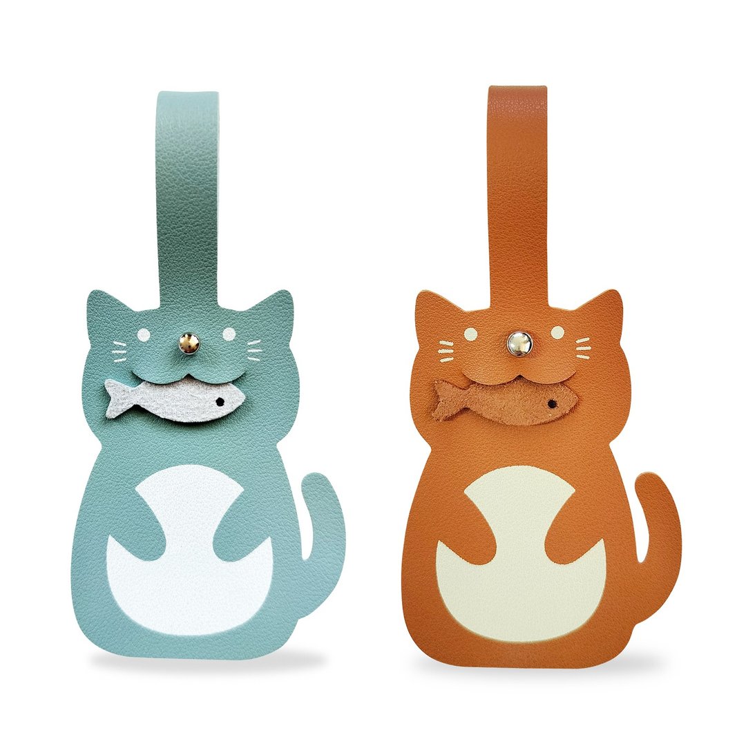 Worpi 猫咪造型行李吊牌 2入组 (蓝色与棕色) - 行李吊牌 - 人造皮革 咖啡色