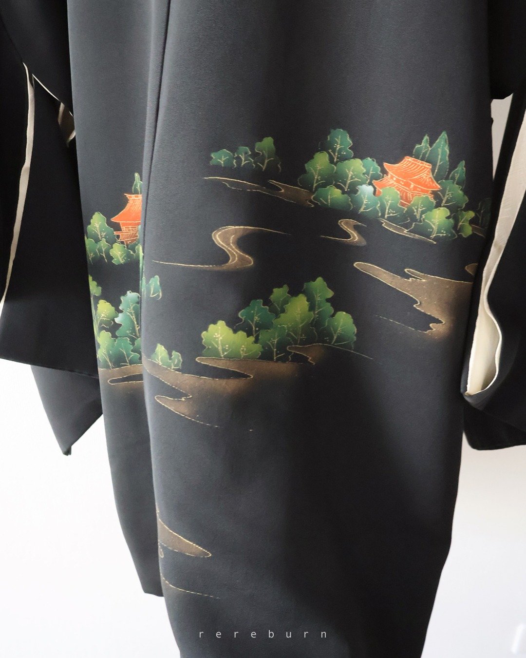 日本制和风绿色山水森林印花黑色古着羽织和服外套 - 女装休闲/机能外套 - 聚酯纤维 黑色