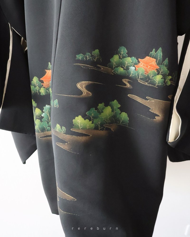 日本制和风绿色山水森林印花黑色古着羽织和服外套 - 女装休闲/机能外套 - 聚酯纤维 黑色