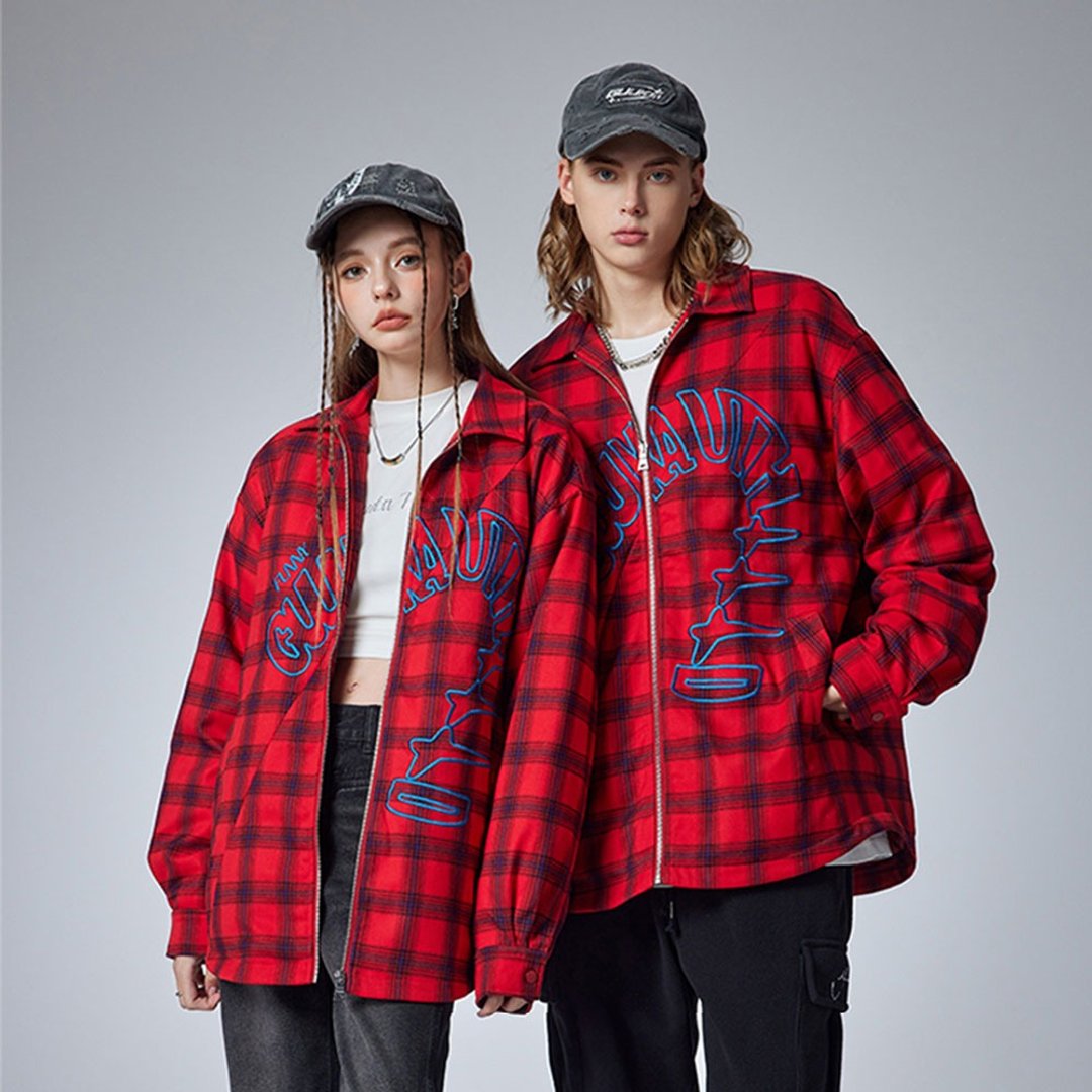 情侣红色格子衬衫轻薄羽绒服  冬季加厚外套女 - 男装外套 - 聚酯纤维 红色