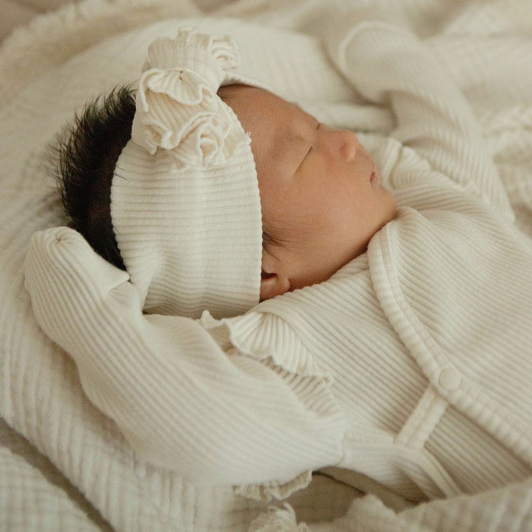 韩国弹力罗纹材质荷叶袖边新生儿套装 •Raon Newborn Set• - 满月礼盒 - 棉 