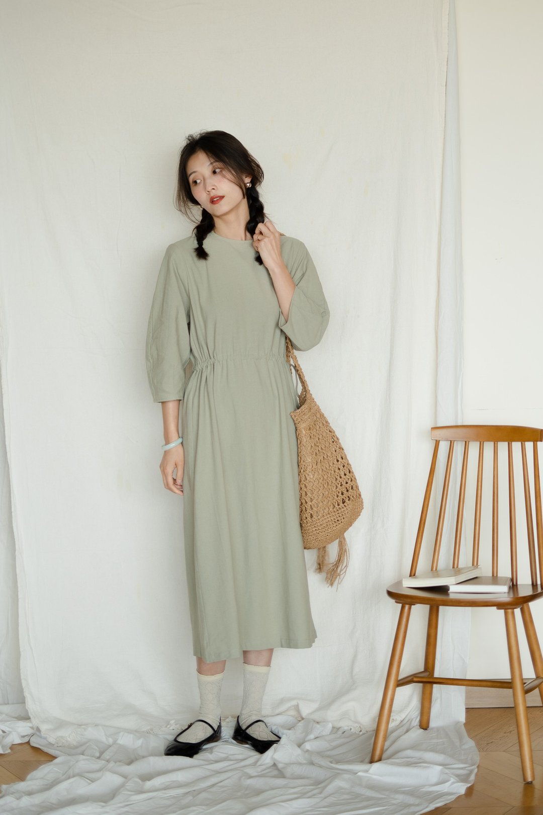 Mauve Studio 日系 绿豆色纯棉抽绳收腰显瘦中袖连衣裙 夏季 - 洋装/连衣裙 - 棉 