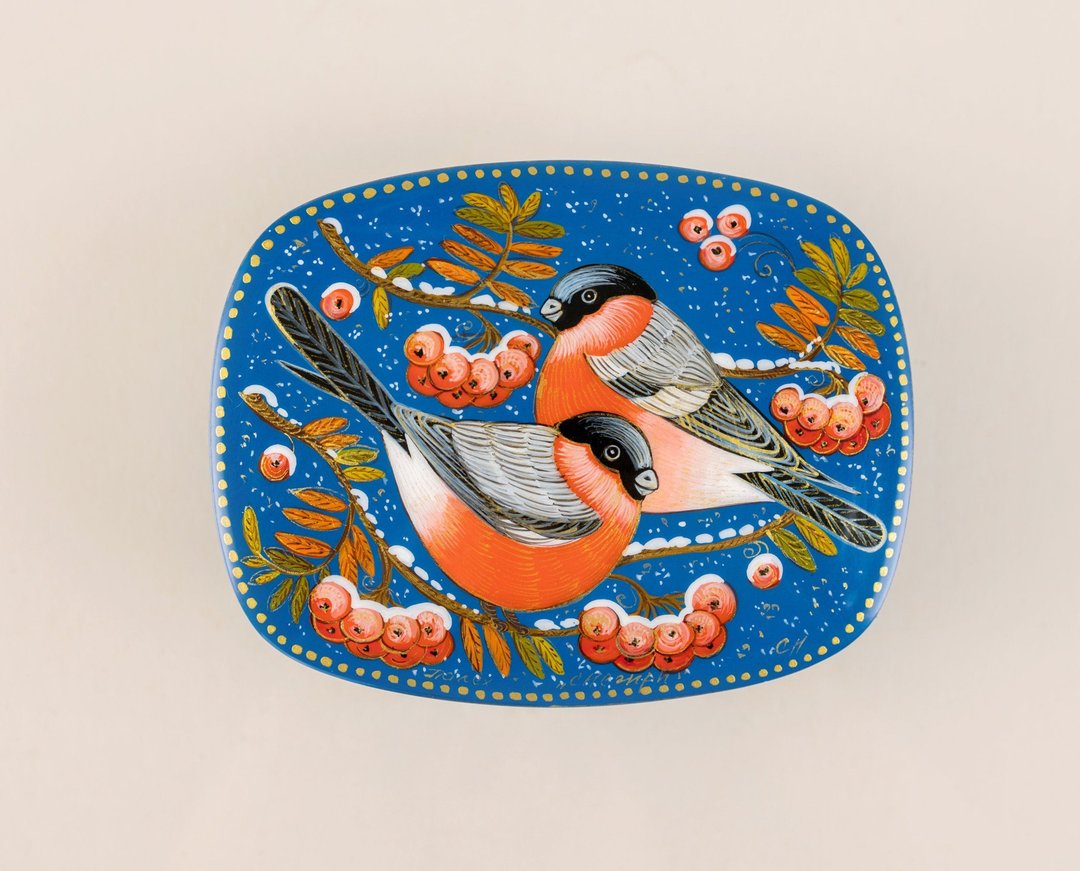 Painted jewelry box, Ornate jewelry box Bullfinches, signed lacquer box - 收纳用品 - 其他材质 