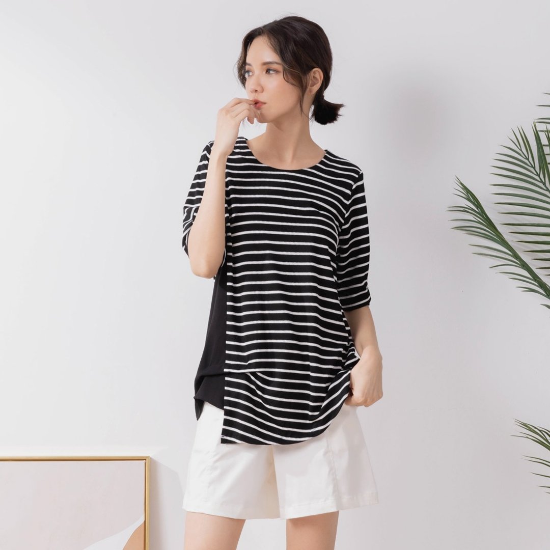 【MEDUSA】MIT素面条纹拼接雪纺Tee - 黑 (M-2L) | 女装 上衣 Tee - 女装 T 恤 - 其他材质 黑色