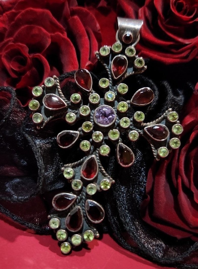 石榴石紫水晶橄榄石纯银大型十字架吊坠(另配项链)圣诞礼盒 - 项链 - 纯银 多色