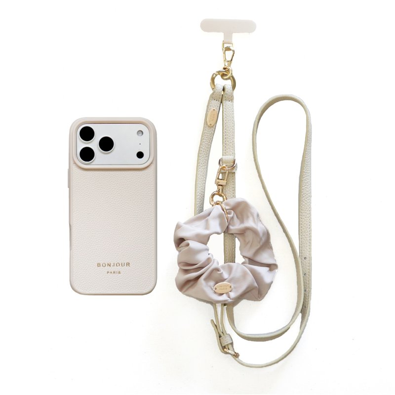 日本新品(壳+挂绳)iPhone17.16.15巴黎米白皮革斜背挂绳手机壳 - 手机壳/手机套 - 塑料 白色
