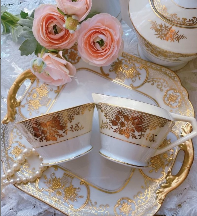 日本骨瓷 NORITAKE 1911年立体手绘玫瑰24K 金古董奶壶糖碗两件组 - 茶具/茶杯 - 瓷 黄色