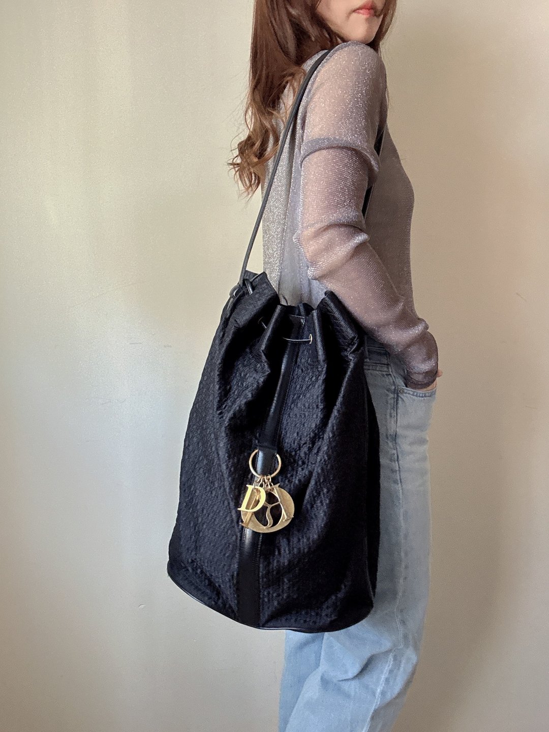 中古美品 Christian Dior 菱格纹 Lady Dior 水桶包 单肩包 旅行 - 束口袋双肩包 - 其他材质 黑色