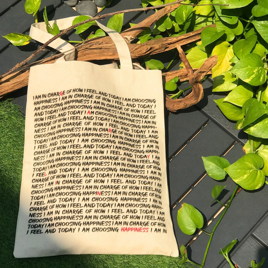 Happiness 无染 斜纹帆布袋 托特包 环保数位印刷 - 手提包/手提袋 - 棉 白色