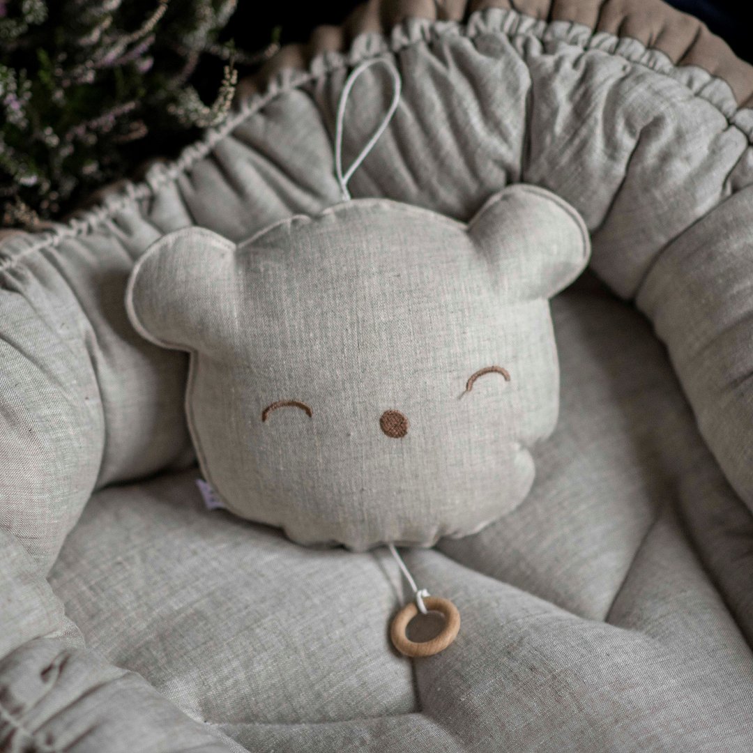 Musical lullaby teddy bear pillow for baby - Beige nursery mobile - 玩具/玩偶 - 亚麻 多色
