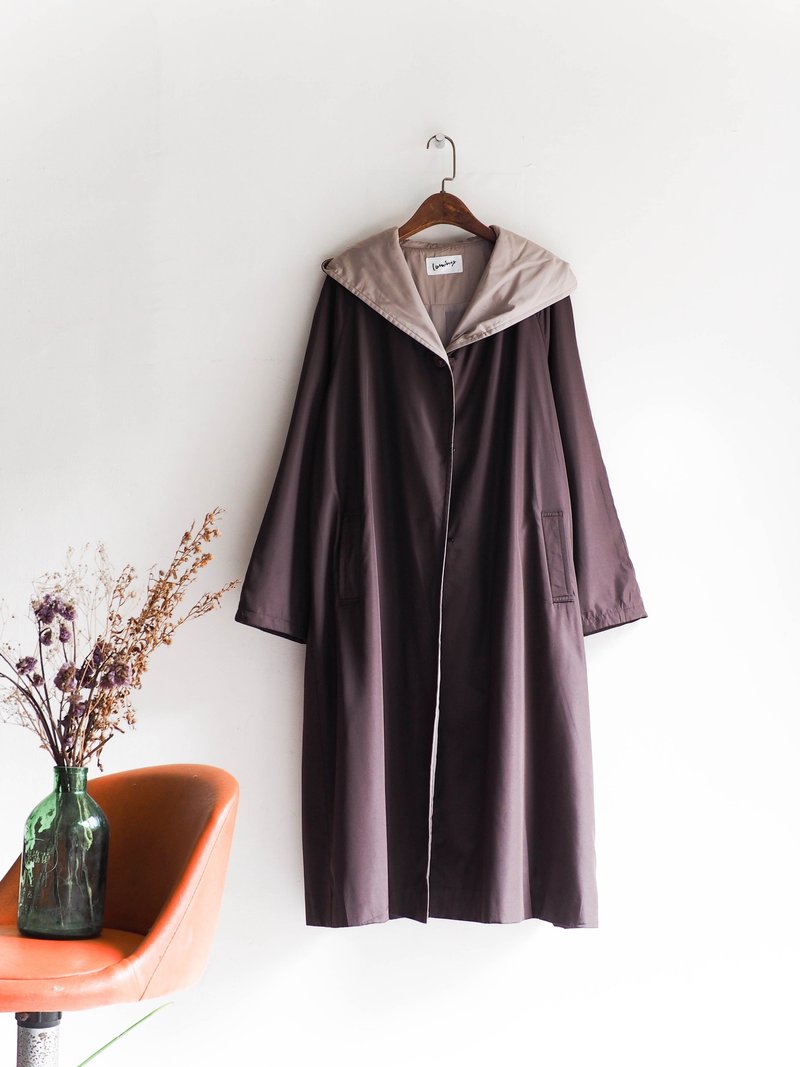 河水山 - 宫崎巧克力午茶甜心时光 古董连帽薄料风衣外套 trench_coat dustcoat jacket coat oversize vintage - 女装西装外套/风衣 - 聚酯纤维 咖啡色