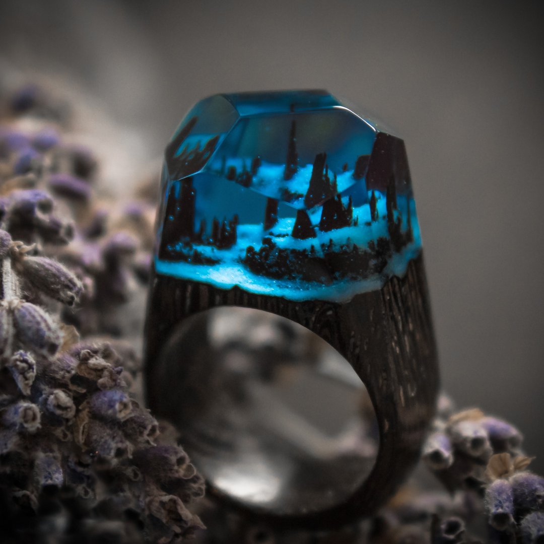 Winter Twilight || Wood&Resin Ring - 戒指 - 木头 蓝色