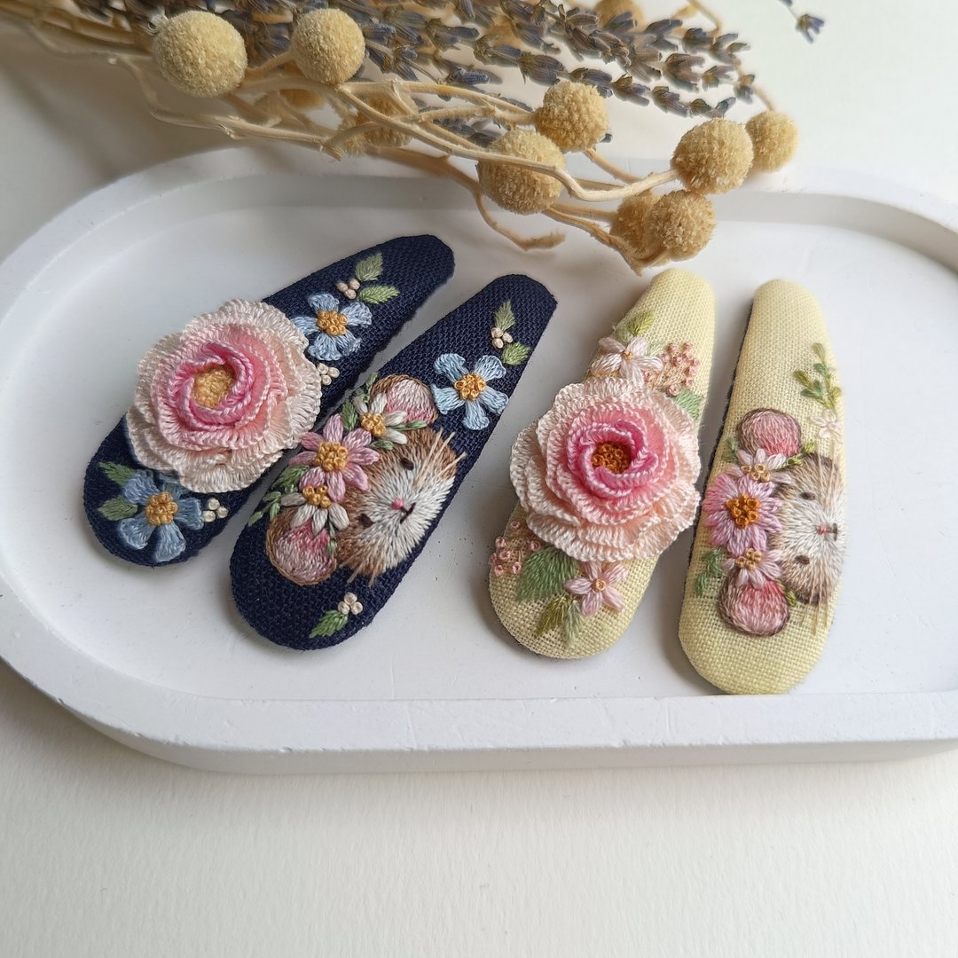 手绣花朵发夹，小动物发夹，手作发夹 - 发饰 - 棉 黄色