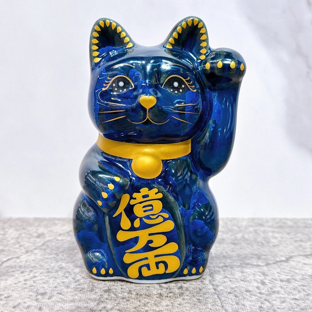 【墨耀招财】日本清水烧招财猫 | 青墨 亿万両 左 特小 - 摆饰 - 瓷 蓝色