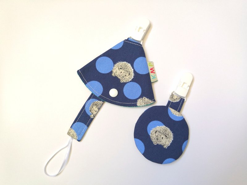 圆形平安袋 奶嘴夹 奶嘴收纳袋 组合 刺猬 - 平安符/符袋 - 棉．麻 蓝色