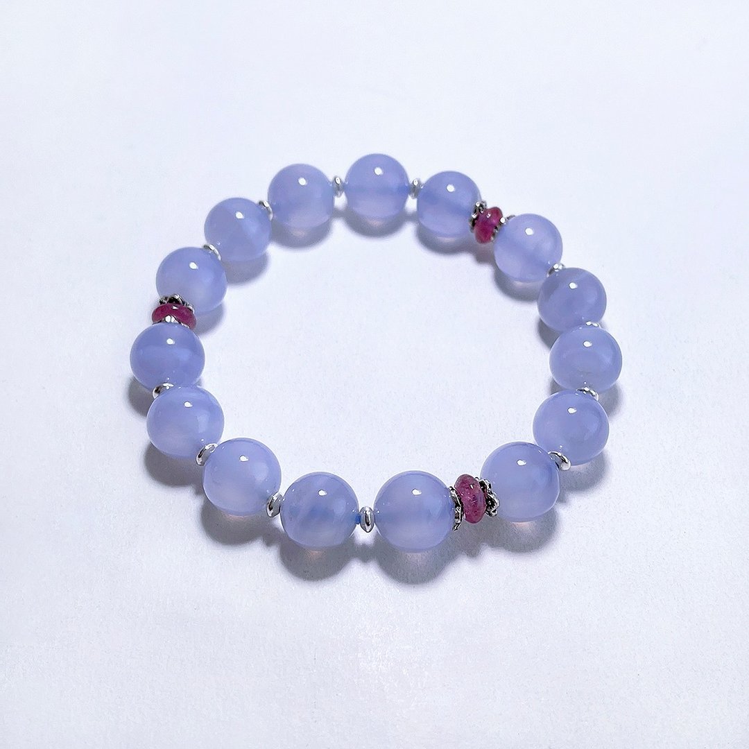 宝石系 天然矿石 蓝纹玛瑙 10 mm 红碧玺 手链 - 手链/手环 - 宝石 蓝色
