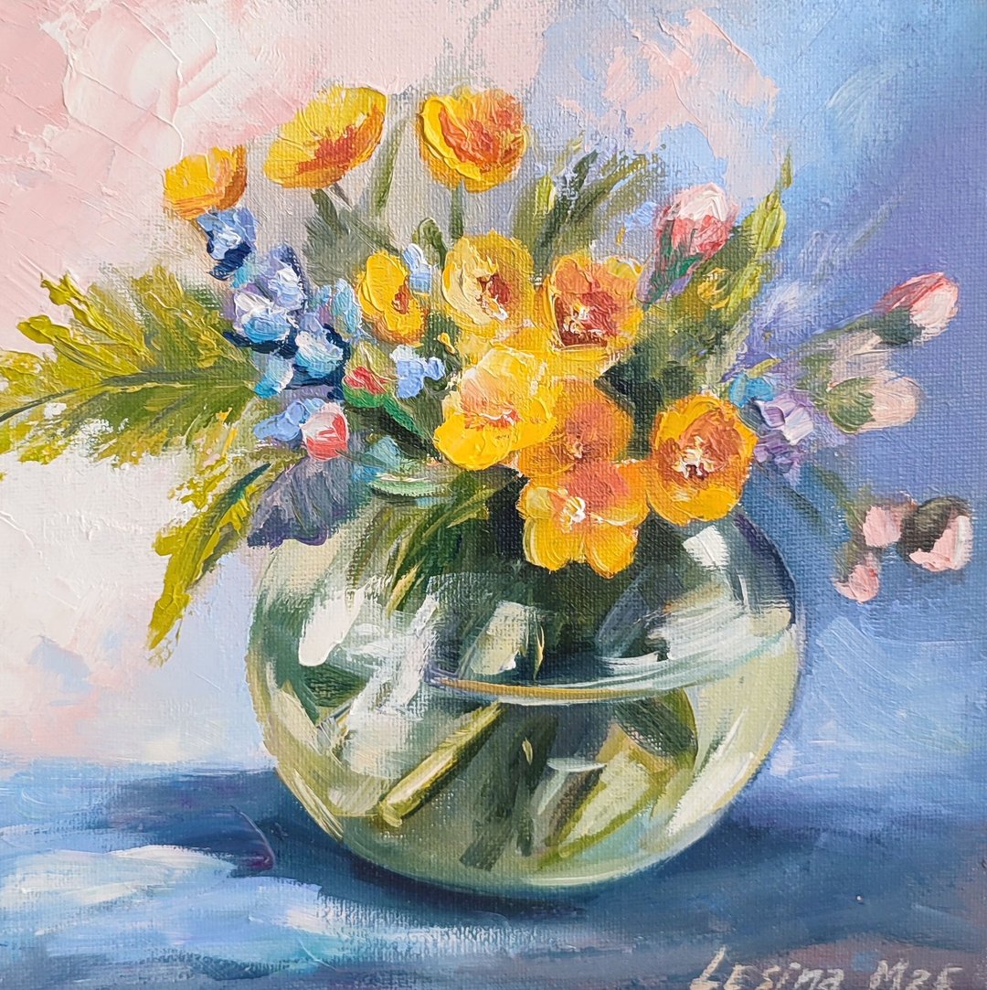 野花画作 花卉原作 静物 油画 作品 花束 - 墙贴/壁贴 - 其他材质 黄色