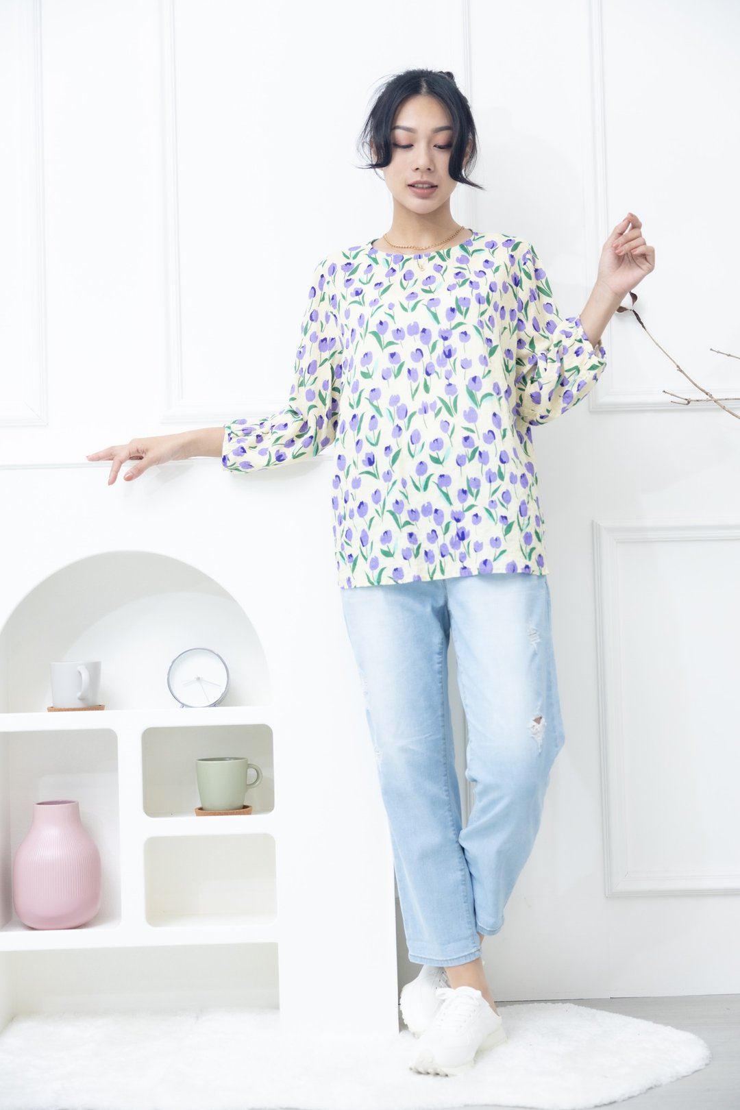 紫色郁金香印花上衣 黄色 - 女装上衣 - 其他材质 黄色