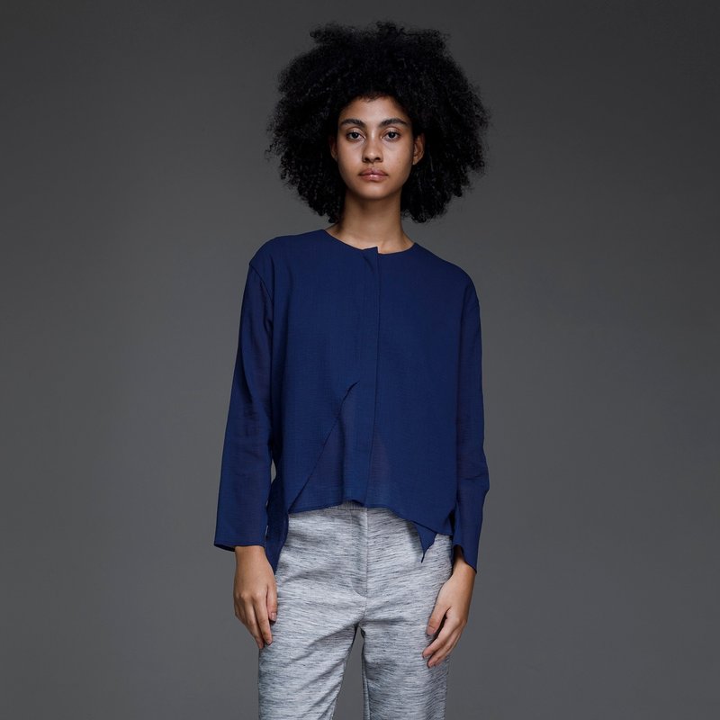 落片不对称开襟上衣 - 女装上衣 - 棉．麻 蓝色