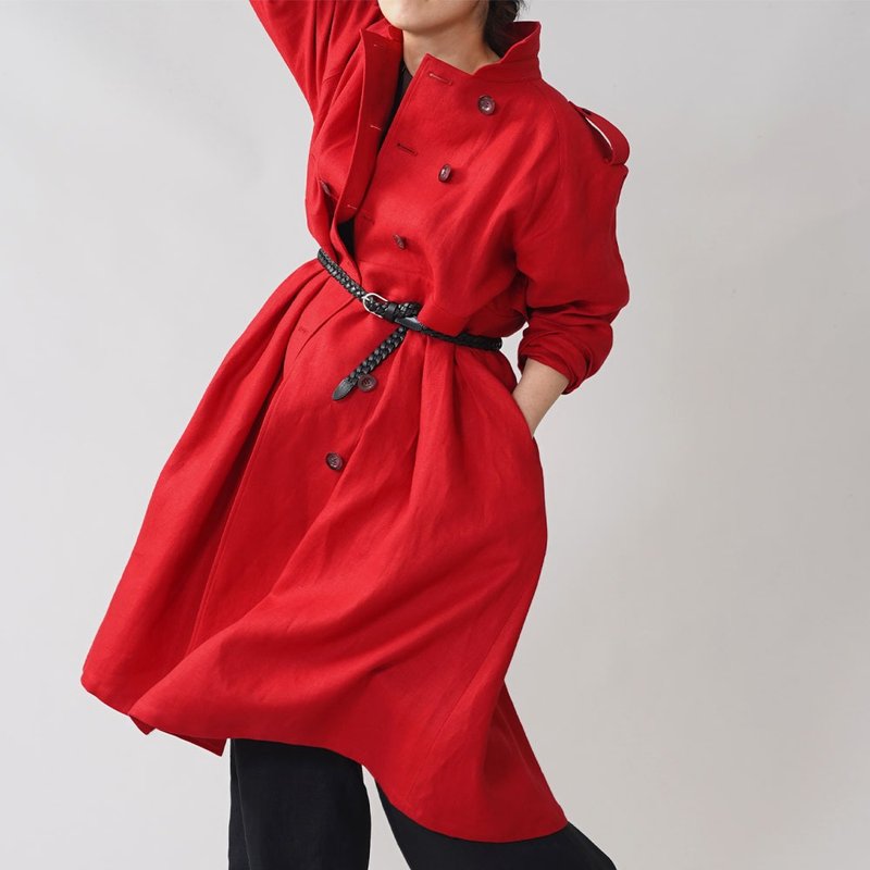 wafu Prime Linen - Trench Coat Dress / Christrose h016a-ctr3 - 女装西装外套/风衣 - 亚麻 红色