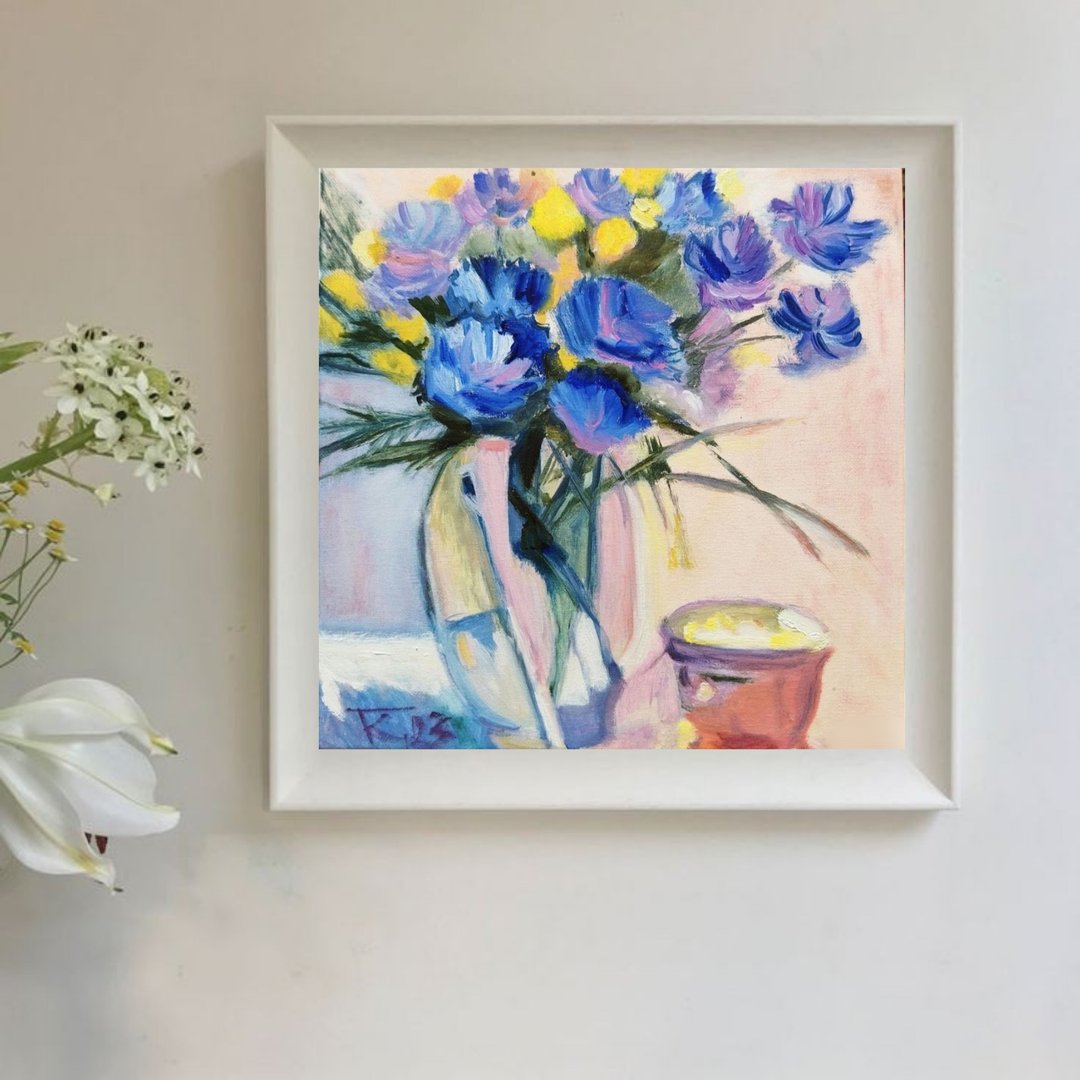 原创布面油画，花园静物，30x30 厘米。 - 海报/装饰画/版画 - 棉 粉红色