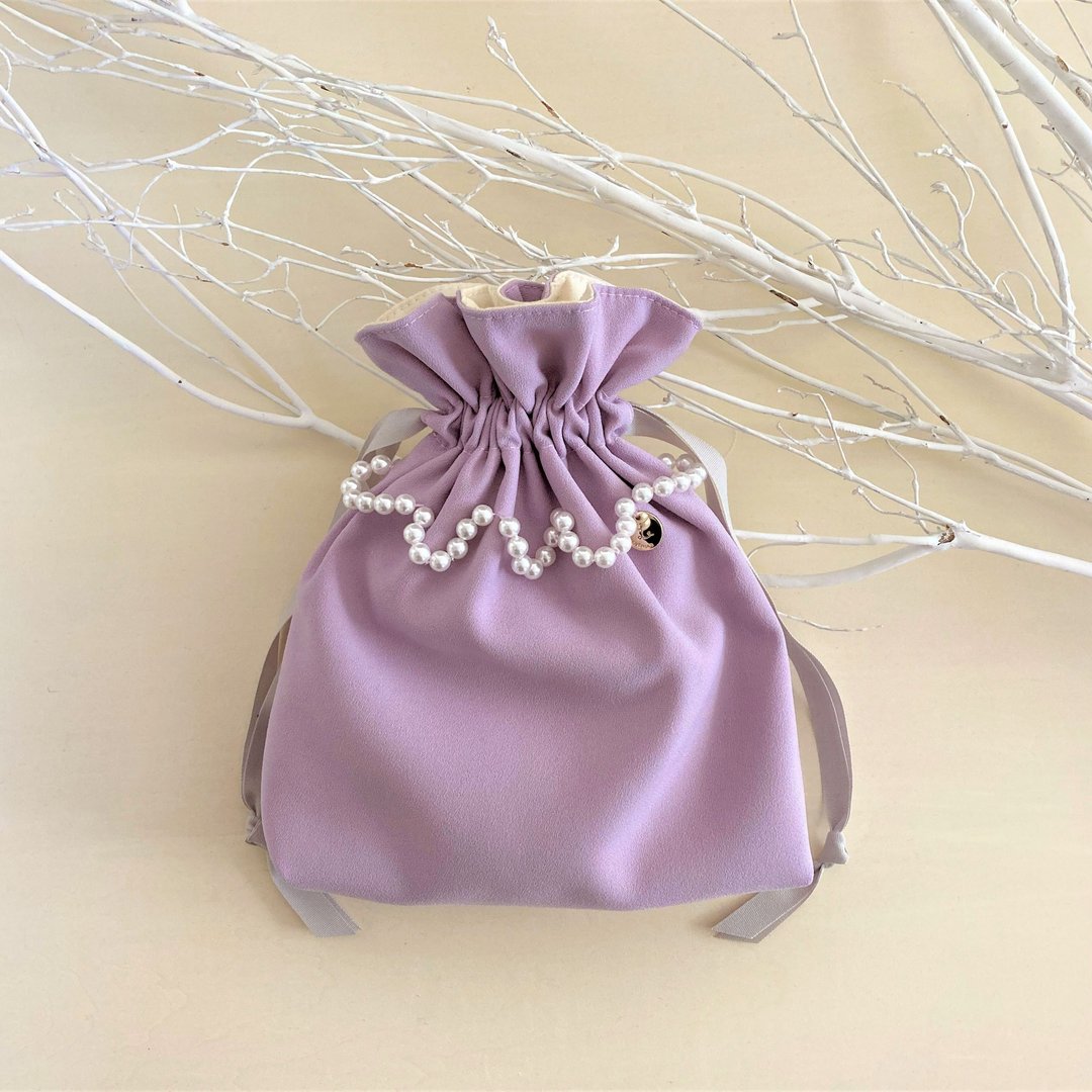 Back Satin Amundsen Scara Pearl Drawstring Pouch Lavender - 化妆包/杂物包 - 棉 紫色
