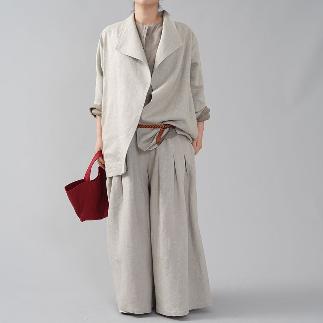 Wafu - 亞麻外套 Midweight Linen Wing Collar Coat / Flax h039h-amn2 - 女装休闲/机能外套 - 亚麻 卡其色