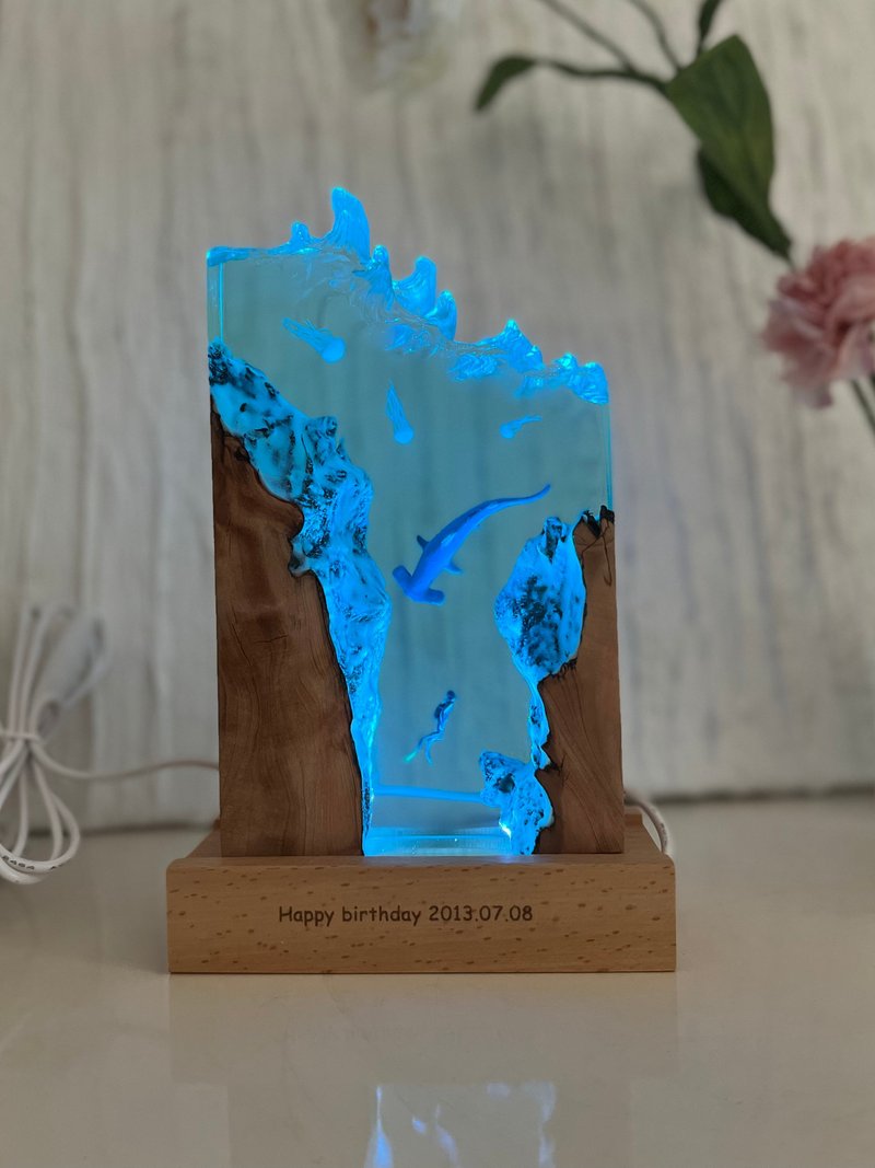 海洋禮物/環氧樹脂夜燈/潛水員与锤头鯊海底微景觀 - 灯具/灯饰 - 树脂 蓝色