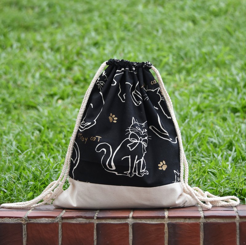 束口后背包/束绳包/束口袋 ~ 猫咪 (B184) RS - 束口袋双肩包 - 棉．麻 黑色