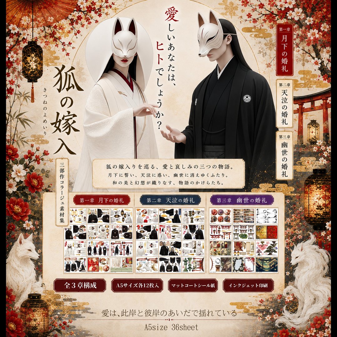 狐狸娶亲 拼贴贴纸组 36 张 和风 妖狐 神社 和服 月夜 狐面 - 贴纸 - 纸 