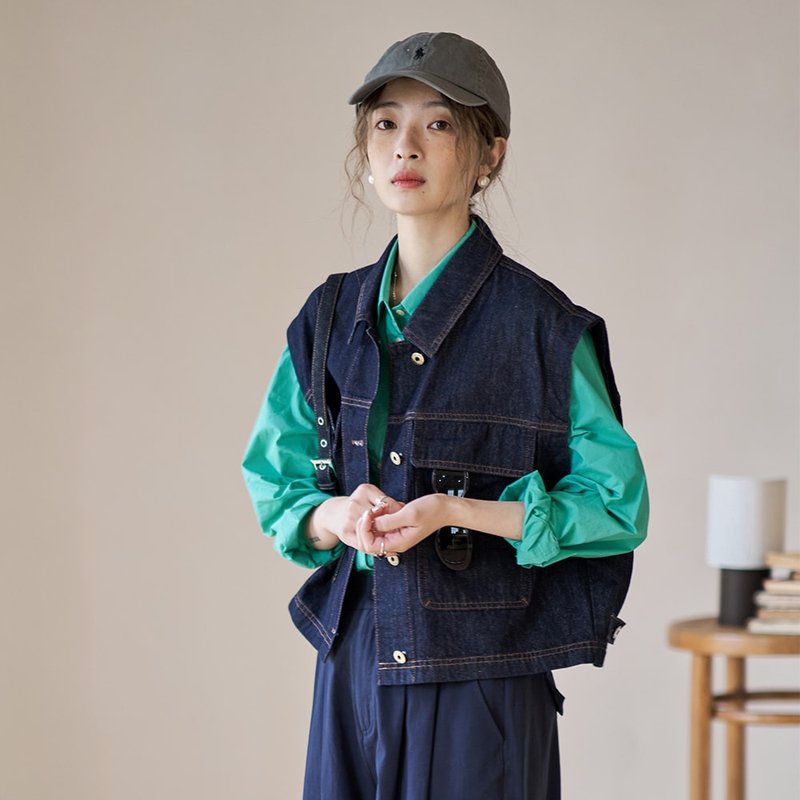 复古宽松牛仔短外套|马甲|袖子可拆|一衣两穿|春款|Sora-1119 - 女装上衣 - 棉．麻 蓝色