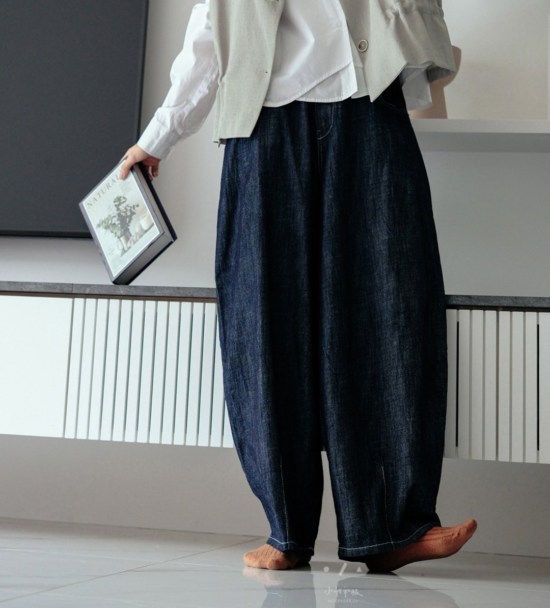 棉麻感新生活伙伴茧型宽裤 - 女装长裤 - 棉 蓝色