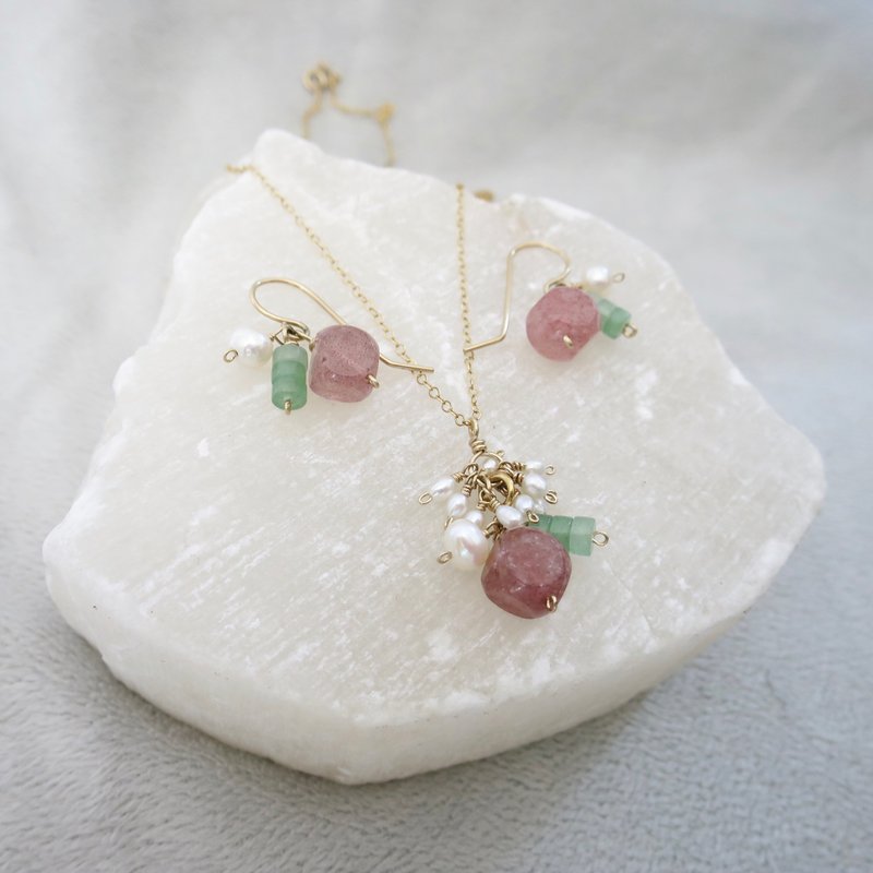 方糖草莓晶首饰 可拆式项链 配天然珍珠 东陵玉 美国进口14KGF - 项链 - 宝石 红色