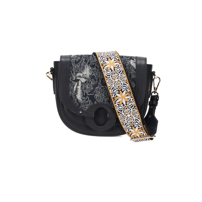 百变换盖真皮马鞍包 - 金币缇花(黑) - 侧背包/斜挎包 - 真皮 黑色