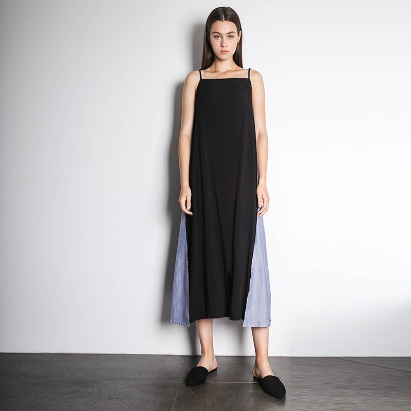 超柔软夏装长款拼接撞色连衣裙黑色 - 裙子 - 棉．麻 黑色