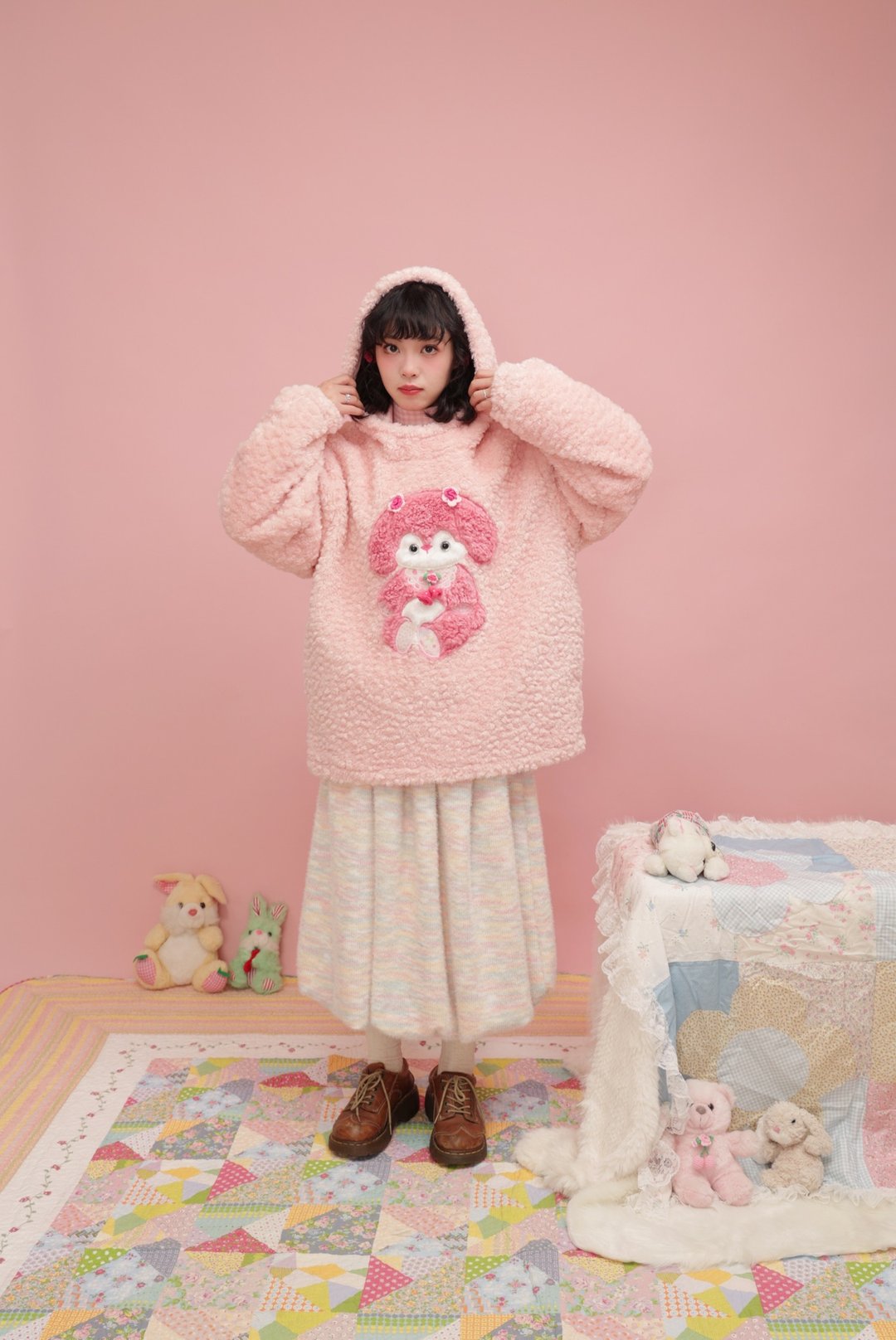 昭和少女 小狗玩偶连帽毛绒外套 - 女装上衣 - 其他材质 粉红色