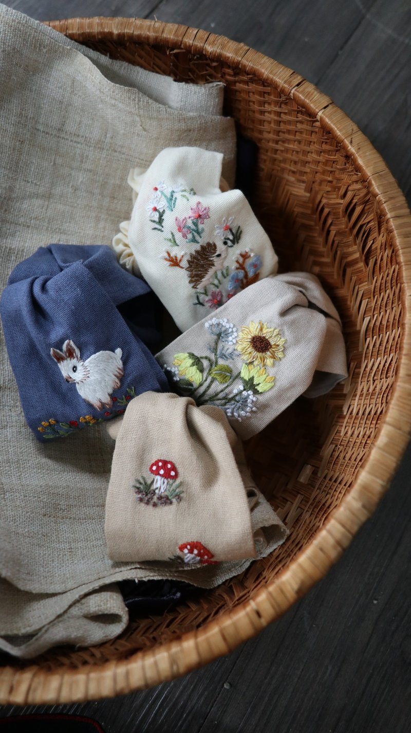 手刺绣发带/交叉发带/单边刺绣 - 发饰 - 棉．麻 