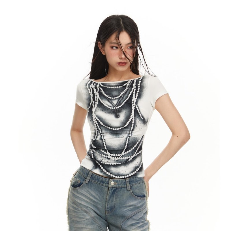 【珍珠視錯印花】褶皺壹字領露肩露背T恤 - 女装 T 恤 - 其他材质 白色