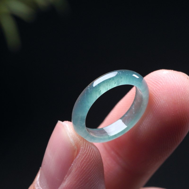 冰种蓝水翡翠戒指戒圈 | 国际8围 | 天然翡翠A货 | 送礼 - 戒指 - 玉石 蓝色