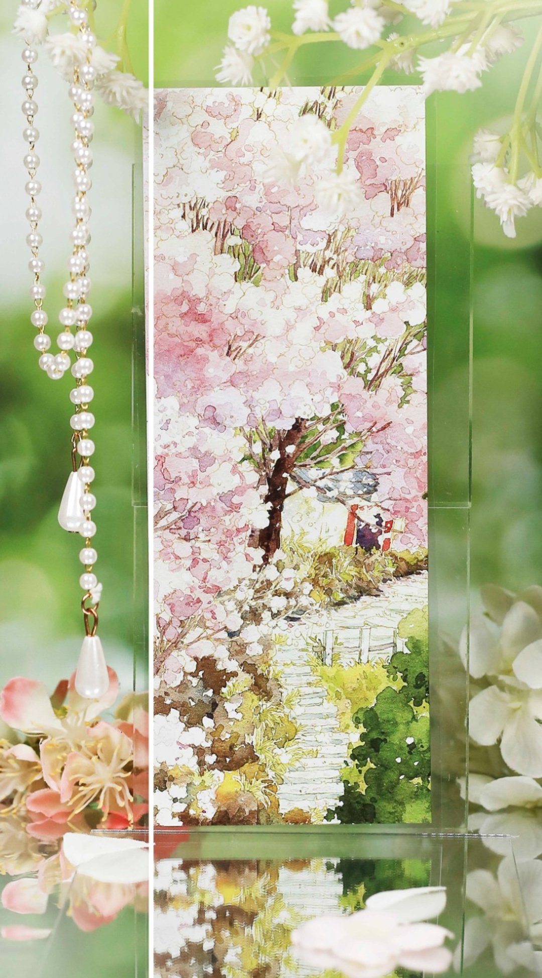 绿桜叠翠 花の小径 水彩スケッチ PET 和紙膠帶 10米卷 巨畫幅 - 纸胶带 - 其他材质 多色