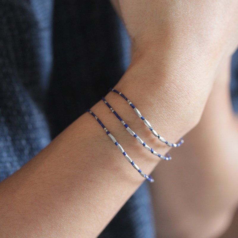 Diamond shape silver beads with dark blue lapis lazuli bracelet (B0021) - 手链/手环 - 银 蓝色