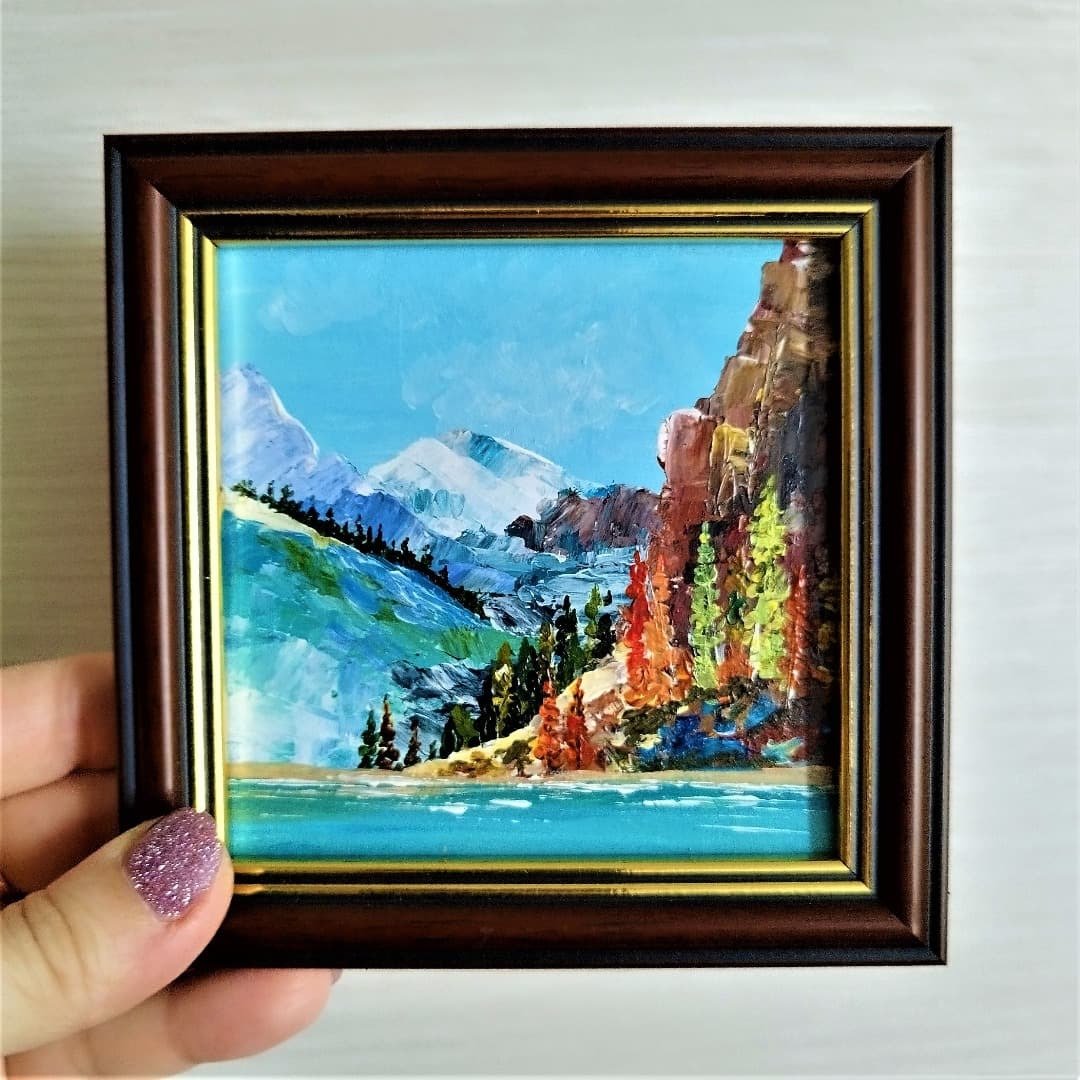 Mini framed picture with a mountain lake / Mountain landscape painting - 墙贴/壁贴 - 压克力 多色