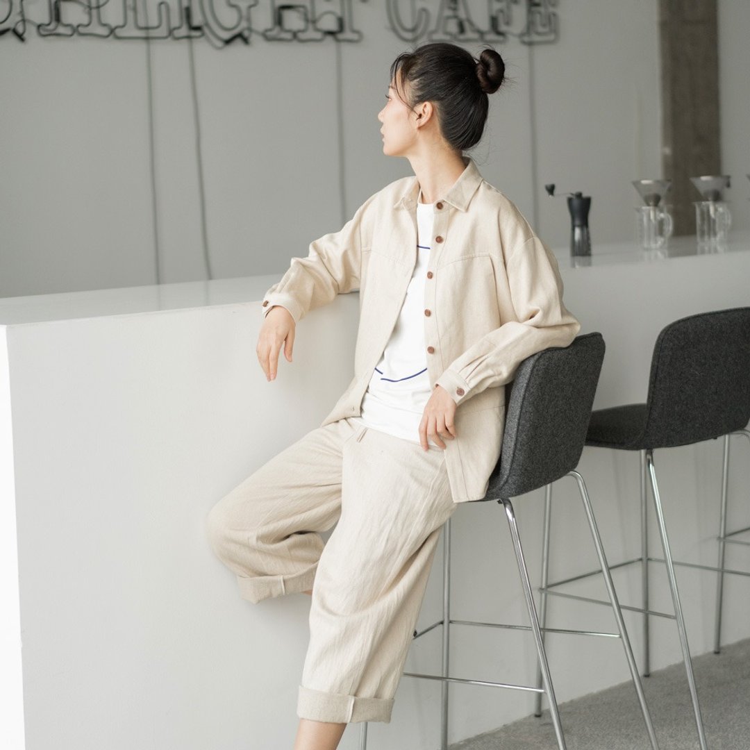 本麻色寬鬆男友襯衫 中性職人工裝襯衫 SH190143 - 女装衬衫 - 棉 卡其色