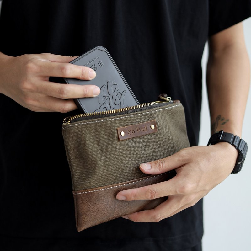 sobag夏天帆布手拿零钱包女手机包男国内小众品牌复古中性钥匙包 - 手拿包 - 棉．麻 绿色