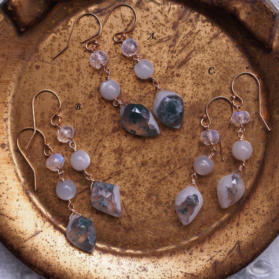 14KGF 苔纹玛瑙 灰月光石 蓝月光石 耳环 Moss Agate earrings - 耳环/耳夹 - 半宝石 灰色