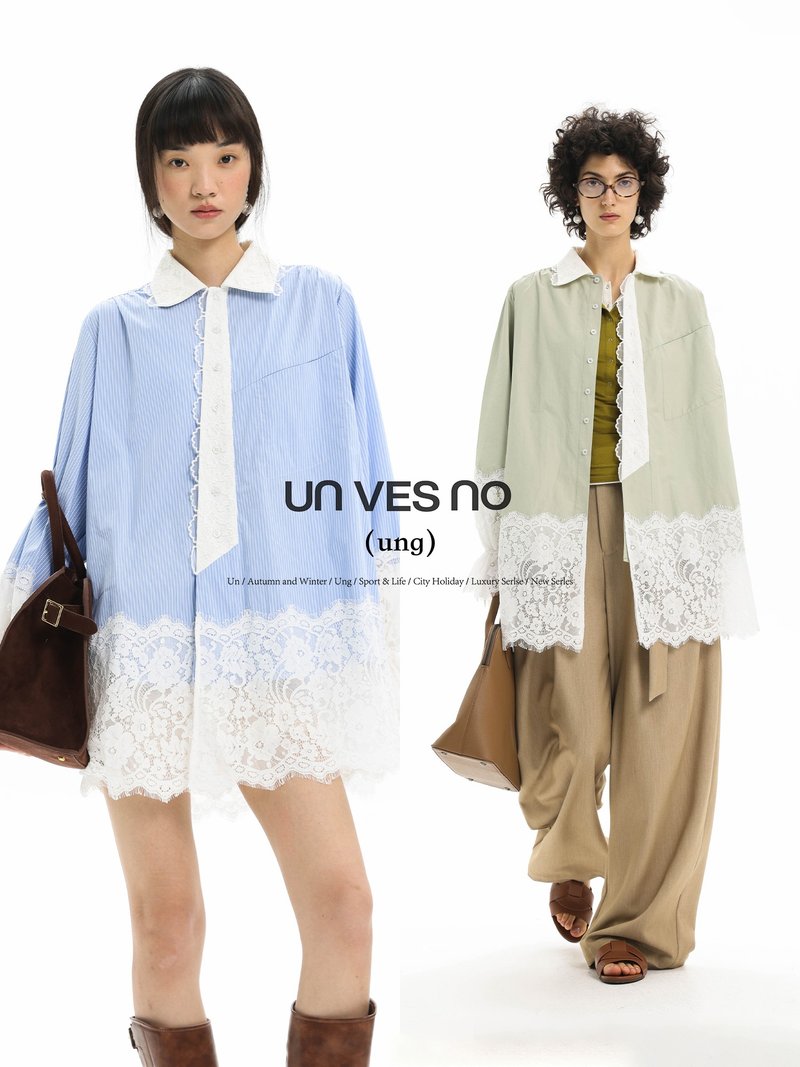 【蕾丝花边】Unvesno(UN) ung系列慵懒感斜门襟中长款连衣裙衬衫 - 洋装/连衣裙 - 其他材质 