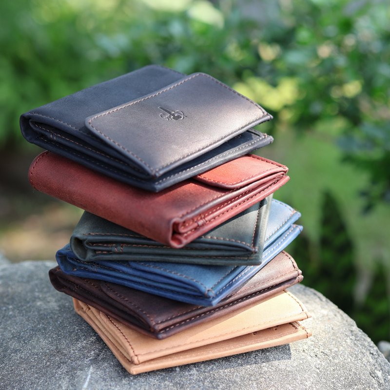 【定制化刻字】疯马皮袖珍短夹 仿旧设计 6色 情人节礼物 - 皮夹/钱包 - 真皮 多色