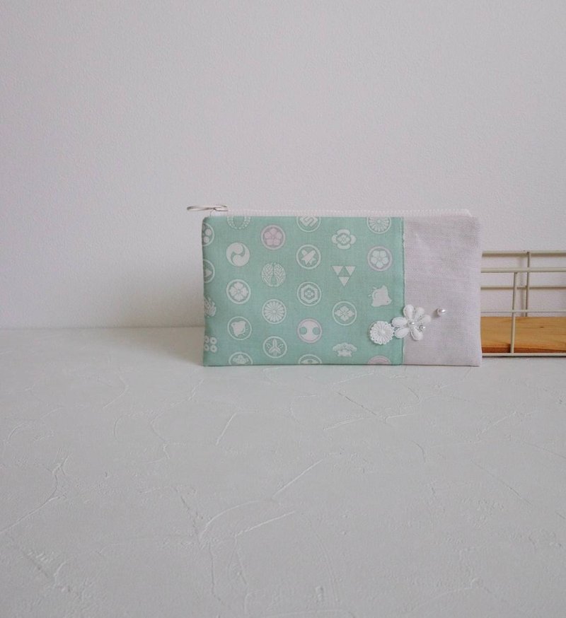 【FAW/万用长夹(中)】和风粉绿 日本帆布 法国银葱 内有隔层! - 铅笔盒/笔袋 - 棉．麻 绿色