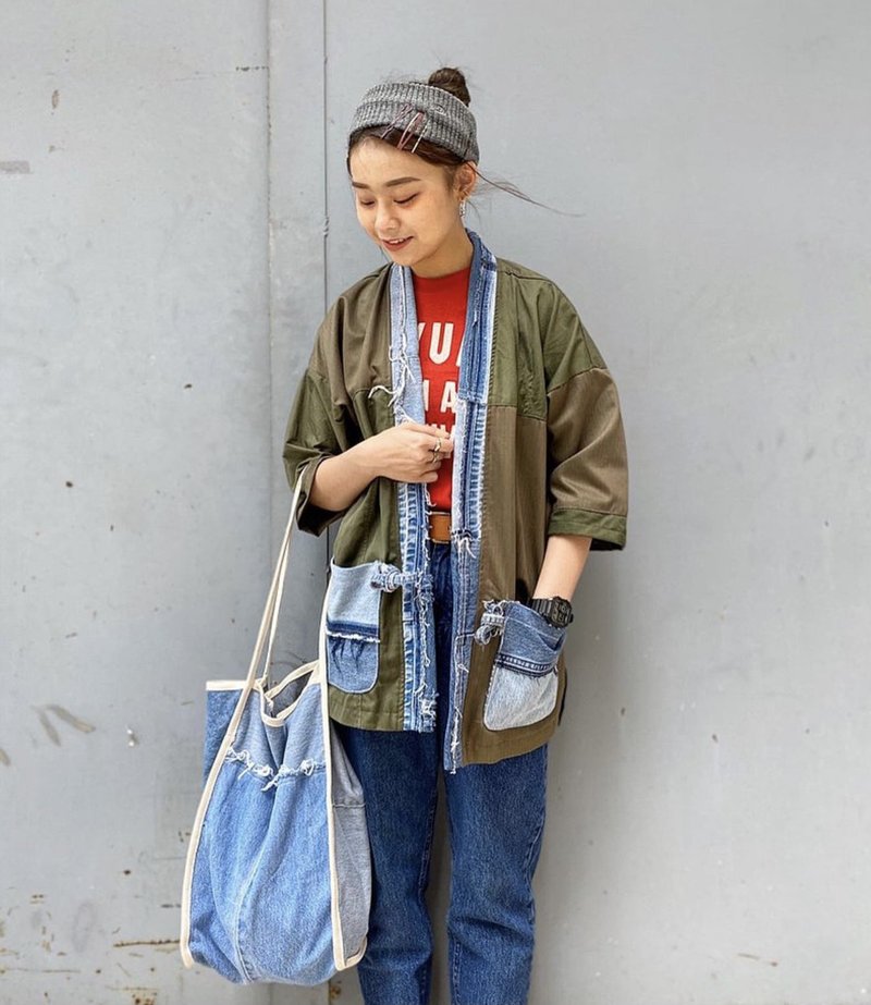 军布拼牛仔kimono - 女装休闲/机能外套 - 棉．麻 绿色