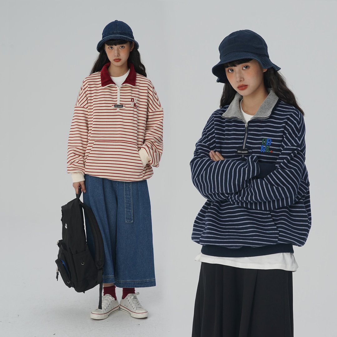 oddmaker日系条纹上衣女春秋2021新款复古百搭宽松套头polo领卫衣 - 女装上衣 - 棉 